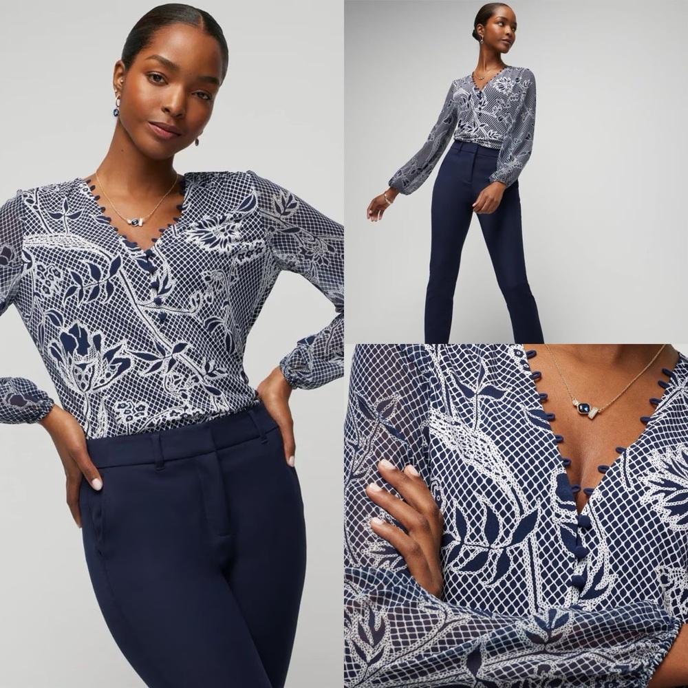 WHBM Navy Officer Blue and White Floral Blouse NWT XXS 00